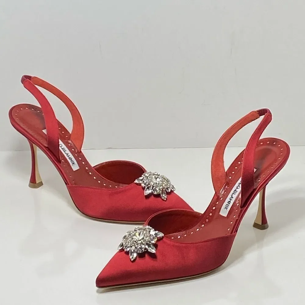 Manolo Blahnik Cassinasli Satin Jewel Buckle Slingback Pumps size 39